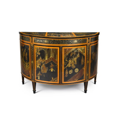 View full screen - View 1 of Lot 61. A George III lacquer and satinbirch demi-lune commode, late 18th century .