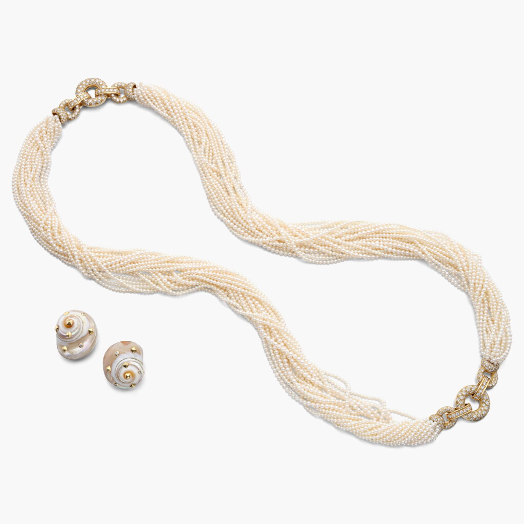 View full screen - View 1 of Lot 668. Seed Pearl and Diamond Sautoir, Meister and a Pair of Shell and Diamond Earclips, Trianon.
