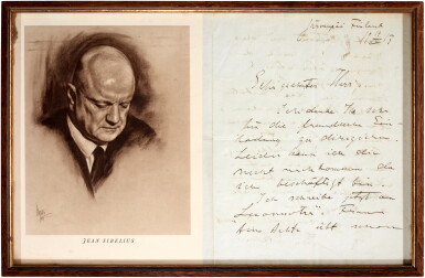 View full screen - View 1 of Lot 70. J. Sibelius. Autograph letter signed, to an unidentified correspondent, 19 August 1913, about the tone poem "Luonnotar".