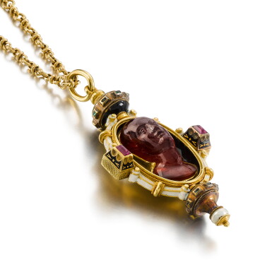 View full screen - View 1 of Lot 72. Renaissance Revival amber cameo, enamel and gold pendant/necklace, circa 1865.