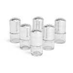 A cased set of six Edwardian silver-mounted salt or pepper shakers, Harman & Co, London 1908