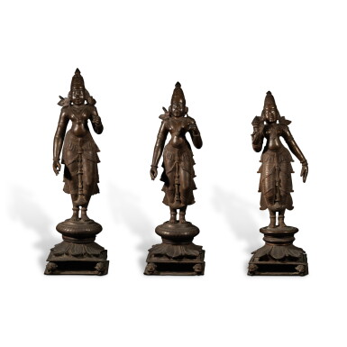 View full screen - View 1 of Lot 207. A bronze group of Rama, Lakshmana and Sita, South India, 18th / 19th century.