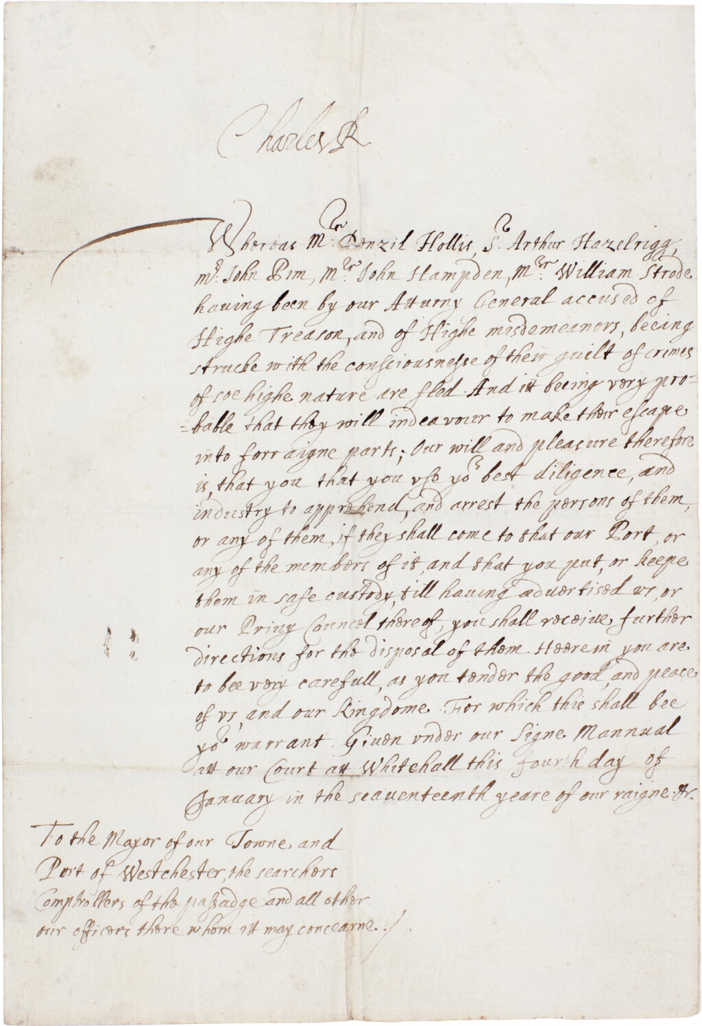 View full screen - View 1 of Lot 22. King Charles I | Document signed, ordering the arrest of the "Five Members" who had fled Parliament, 1642.