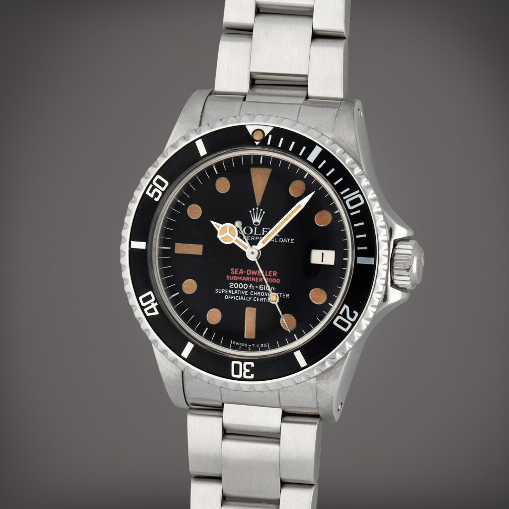 View full screen - View 1 of Lot 102. Sea-Dweller 'Double Red', Reference 1665 | A stainless steel wristwatch with date, helium escape valve and bracelet | Circa 1974 | 勞力士 | Sea-Dweller 'Double Red' 型號1665 | 精鋼鏈帶腕錶備日期顯示及排氦閥,製作年份約1974.