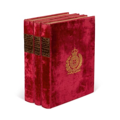 View full screen - View 1 of Lot 146. POPE | Ensaio sobre o homen, London, 1819, 3 volumes, red velvet armorial bindings.