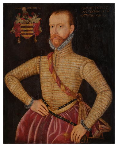 View full screen - View 1 of Lot 115. Portrait of Sir Gabriel Poyntz, aged 30, Wearing a Yellow Slashed Doublet and Red Breeches.