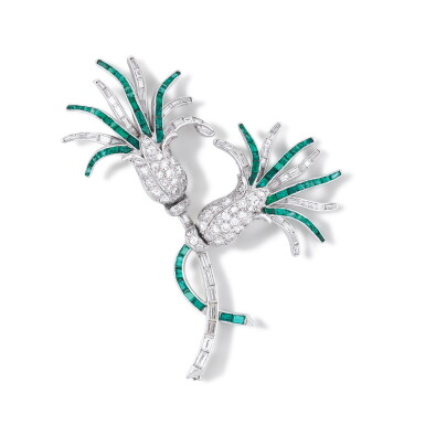 View full screen - View 1 of Lot 279. Lacloche | Broche émeraudes et diamants | Emerald and diamond brooch.