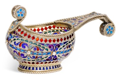 View full screen - View 1 of Lot 228. A silver-gilt and plique-à-jour kovsh, probably Russian, circa 1900.