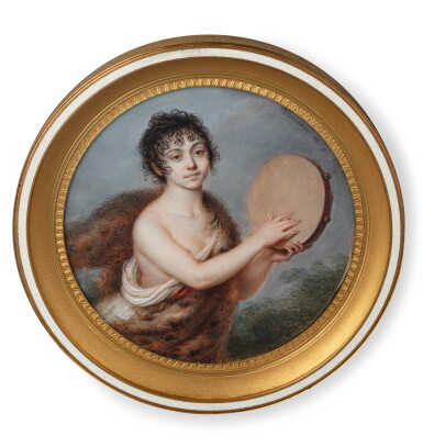 View full screen - View 1 of Lot 85. A French circular miniature on ivory representing a woman playing tambourine, Jean-Pierre Thiboust, Paris, 1800-1801 | Miniature ronde sur ivoire représentant une femme en bacchante jouant du tambourin par Jean-Pierre Thiboust, Paris, 1800-1801.