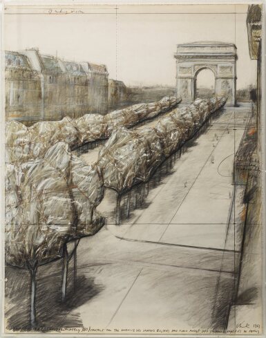View full screen - View 1 of Lot 62. Wrapped trees (Approximately 380) Project for the Avenue des Champs d'Elysées and the Rond Point des Champs d'Elysées in Paris.