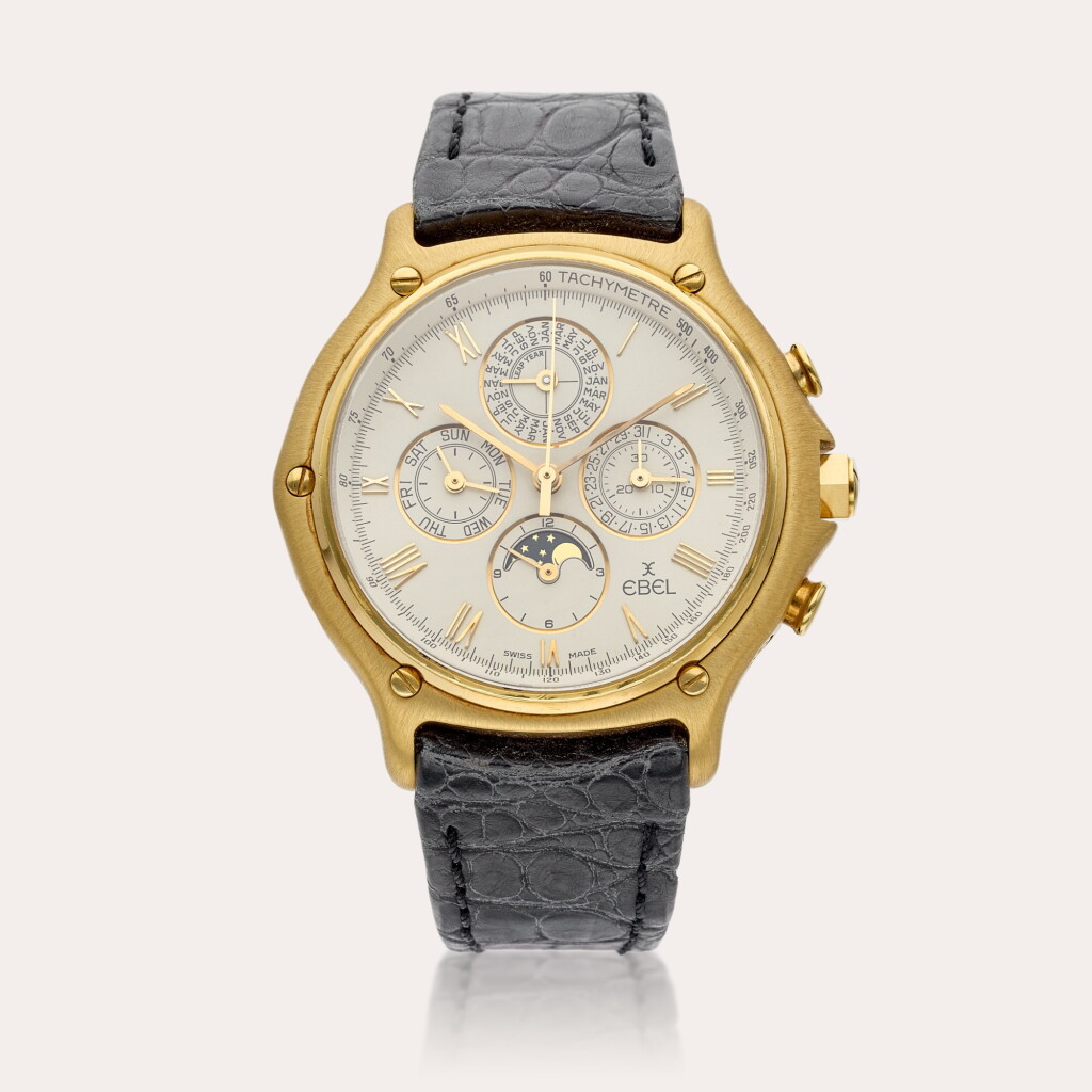 View full screen - View 1 of Lot 481. Reference 8136901 | A yellow gold automatic perpetual calendar chronograph with moon phases and leap year indication, Circa 1990.