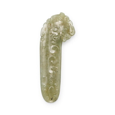 View full screen - View 1 of Lot 554. An Imperial inscribed celadon jade 'dragon' scroll clasp Mark and period of Qianlong | 清乾隆 御製青白玉龍紋別子 「乾隆御簽」、 「王冕吳鎮 梅竹雙清合卷」字.