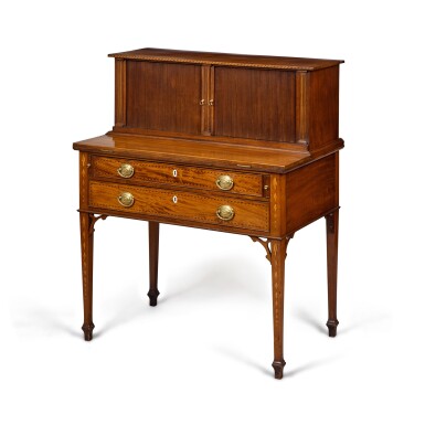 View full screen - View 1 of Lot 919. A Federal Inlaid Mahogany and Ivory-Mounted Lady's Tambour Writing Desk, attributed to John and Thomas Seymour (1771 - 1818), Boston, Massachusetts, circa 1800.