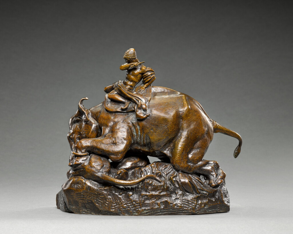 View full screen - View 1 of Lot 273. Indien monté sur und éléphant écrasant un tigre (Man on an elephant crushing a tiger).