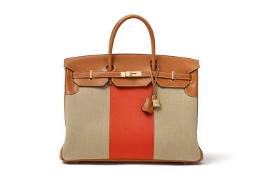 View full screen - View 1 of Lot 33. Fauve, Naturel and Paprika Toile and Barenia Flag Birkin 40 Permabrass Hardware, 2014 .