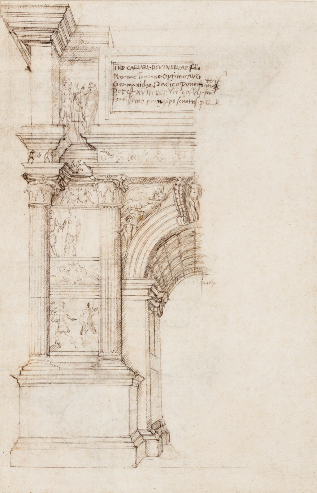 View full screen - View 1 of Lot 20. FRANCESCO DI GIORGIO MARTINI | RECTO: A STUDY IN HALF ELEVATION OF THE LEFT HALF OF THE SOUTH-WEST OR CITY FAÇADE OF THE ARCH OF TRAJAN AT BENEVENTO; VERSO: TWO ENLARGED DETAILS OF THE ARCH.