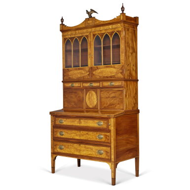View full screen - View 1 of Lot 8. A Fine and Rare Federal Inlaid and Figured Mahogany and Birchwood Lady's Desk-and-Bookcase, Essex County, Massachusetts, Dated 1810.