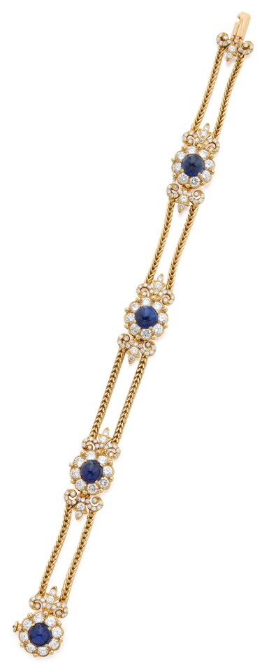 View full screen - View 1 of Lot 423. GOLD, DIAMOND AND SAPPHIRE BRACELET, ALEXANDRE REZA, FRANCE.