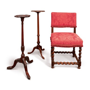 View full screen - View 1 of Lot 521. A CHARLES II PADOUK WOOD BACK STOOL, LATE 17TH CENTURY, TOGETHER WITH A CHINESE EXPORT PADOUK WOOD CANDLESTAND AND A GEORGE II MAHOGANY CANDLESTAND, BOTH 18TH CENTURY.