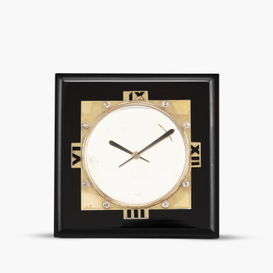 View full screen - View 1 of Lot 2104. London retailed | A rare and unusual onyx, white gold, silver and enamel diamond-set desk clock with mirror dial, Circa 1930 .