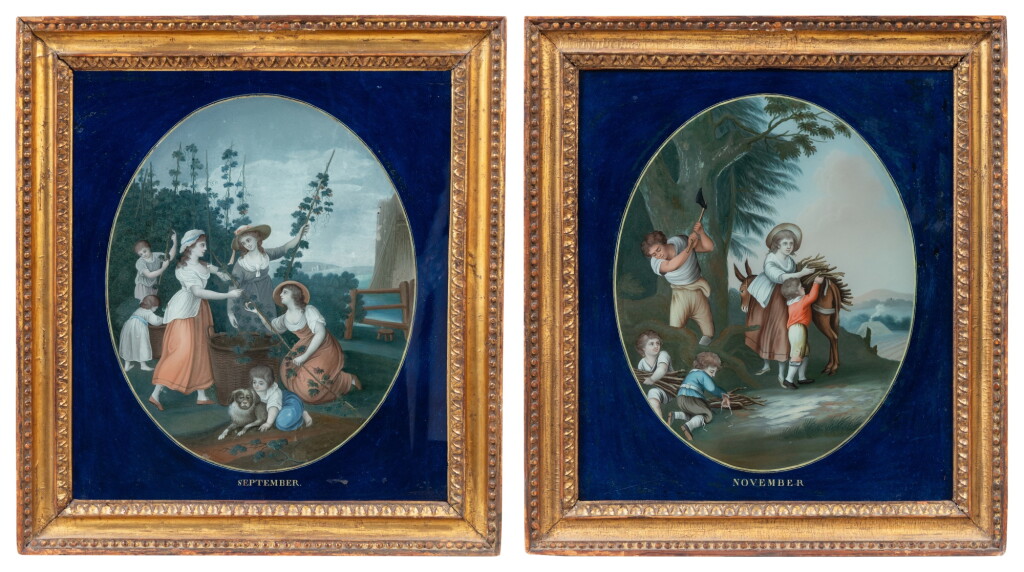 View full screen - View 1 of Lot 815. A set of two Chinese Export reverse glass paintings depicting September and November, late 18th/early 19th century.