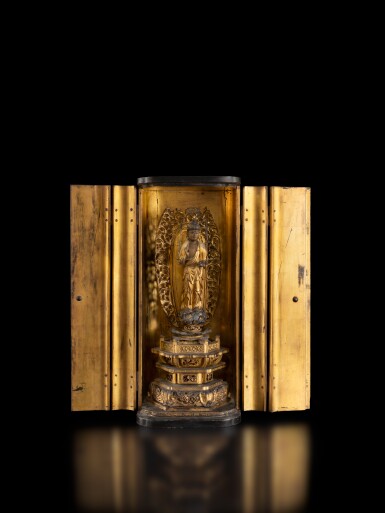 View full screen - View 1 of Lot 181. A gold lacquered wood figure of Maitreya and travelling shrine (zushi), Japan, Edo period, 19th century.