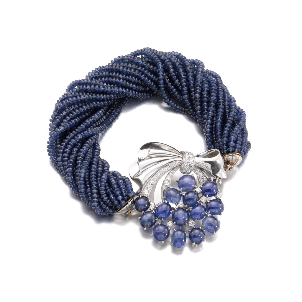 View full screen - View 1 of Lot 318. Sapphire and diamond bracelet/brooch, 1950s.