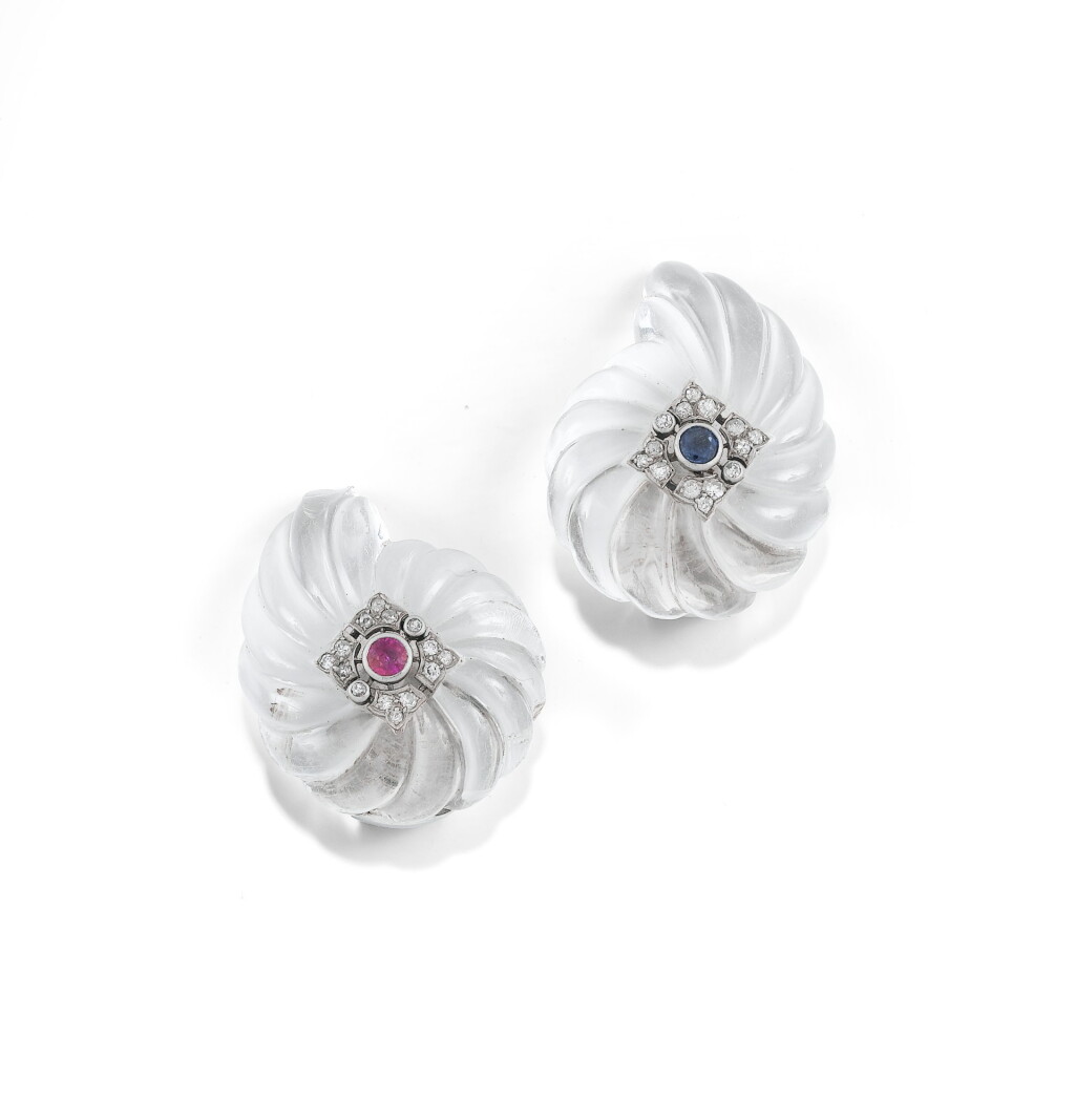 View full screen - View 1 of Lot 19. PAIRE DE CLIPS D'OREILLE CRISTAL DE ROCHE ET DIAMANTS, DESSIN DE SUZANNE BELPERRON, RENÉ BOIVIN, VERS 1930 | ROCK CRYSTAL AND DIAMOND EAR CLIPS, DRAWING BY SUZANNE BELPERRON, RENÉ BOIVIN, 1930S.