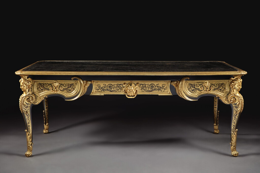 View full screen - View 1 of Lot 172. A LOUIS XIV GILT-BRONZE MOUNTED BRASS AND TORTOISESHELL CONTRE-PARTIE MARQUETRY BUREAU PLAT ATTRIBUTED TO ANDRE-CHARLES BOULLE, CIRCA 1715.