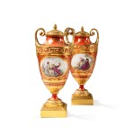 A rare pair of Louis XV Sèvres hard-paste porcelain 'moucheté corail' background covered vases, circa 1773 | Rare paire de vases couverts à fond moucheté corail en porcelaine de Sèvres de l'époque Louis XV, 1773