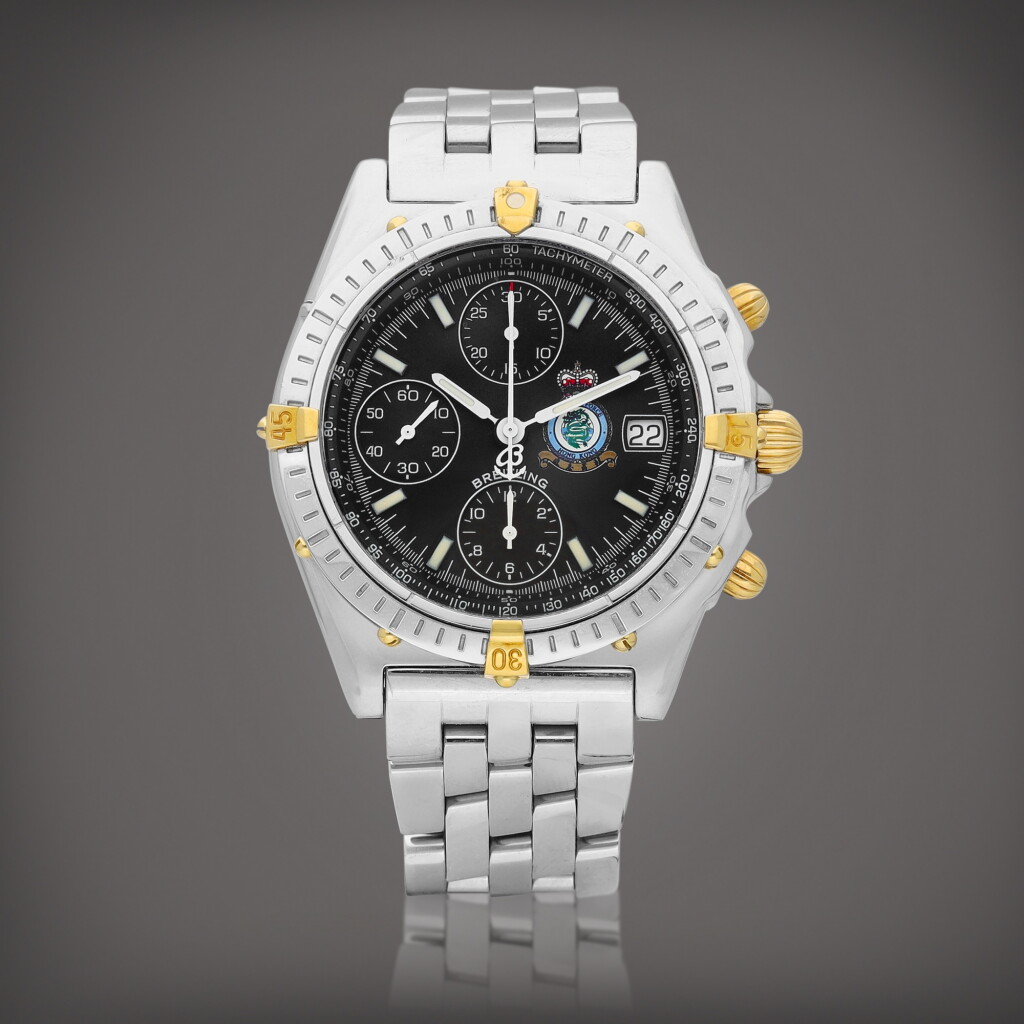 View full screen - View 1 of Lot 8906. Hong Kong Royal Air Force Chronomat, Reference B13050.1 | A limited edition yellow gold and stainless steel chronograph wristwatch with date and bracelet, Circa 1997 | 百年靈 | 香港皇家空軍 Chronomat 型號 B13050.1 | 限量版黃金及精鋼計時鏈帶腕錶,備日期顯示,約1997年製.