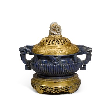 View full screen - View 1 of Lot 38. A Chinese lapis lazuli censer, gilt copper cover and stand Qing dynasty, Qianlong period.