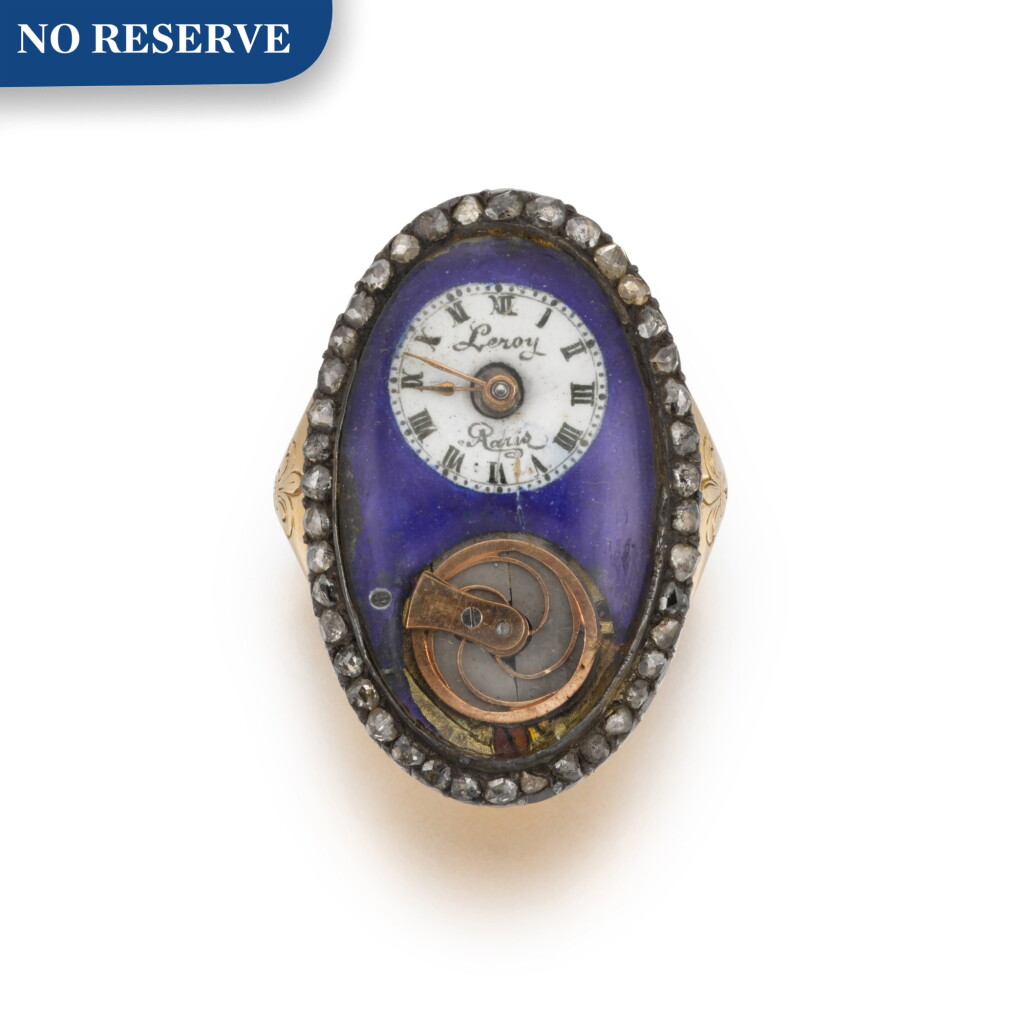 View full screen - View 1 of Lot 281. LEROY, À PARIS | AN OVAL GOLD, ENAMEL AND DIAMOND-SET RING WATCH WITH VISIBLE BALANCE, CIRCA 1830.