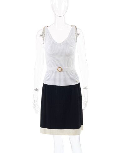 View full screen - View 1 of Lot 91. CHANEL | BLACK AND WHITE SKIRT AND WHITE BELTED TANK TOP .
