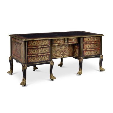 View full screen - View 1 of Lot 16. A Large Louis XIV Gilt-Bronze Mounted Tortoiseshell Veneer and Brass inlaid Boulle Marquetry Bureau, Circa 1700.