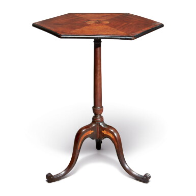View full screen - View 1 of Lot 624. A GEORGE III MAHOGANY AND MARQUETRY HEXAGONAL TRIPOD TABLE, ATTRIBUTED TO THOMAS CHIPPENDALE, CIRCA 1770.