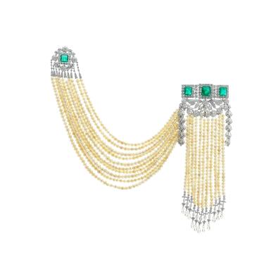 View full screen - View 1 of Lot 838. Emerald, natural pearl and diamond shoulder brooch.