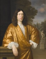 MICHIEL VAN MUSSCHER | PORTRAIT OF A GENTLEMAN, THREE-QUARTER-LENGTH, IN A JAPANESE ROBE, STANDING BEFORE A GARDEN, A STATUE OF MERCURY BEYOND