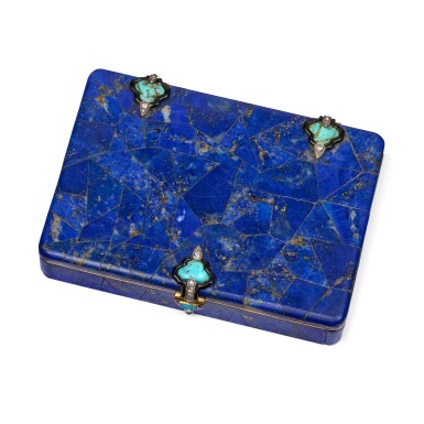View full screen - View 1 of Lot 1058. An Art Deco lapis lazuli card case with jewelled and enamelled gold and hardstone mounts, Cartier Paris, circa 1925.