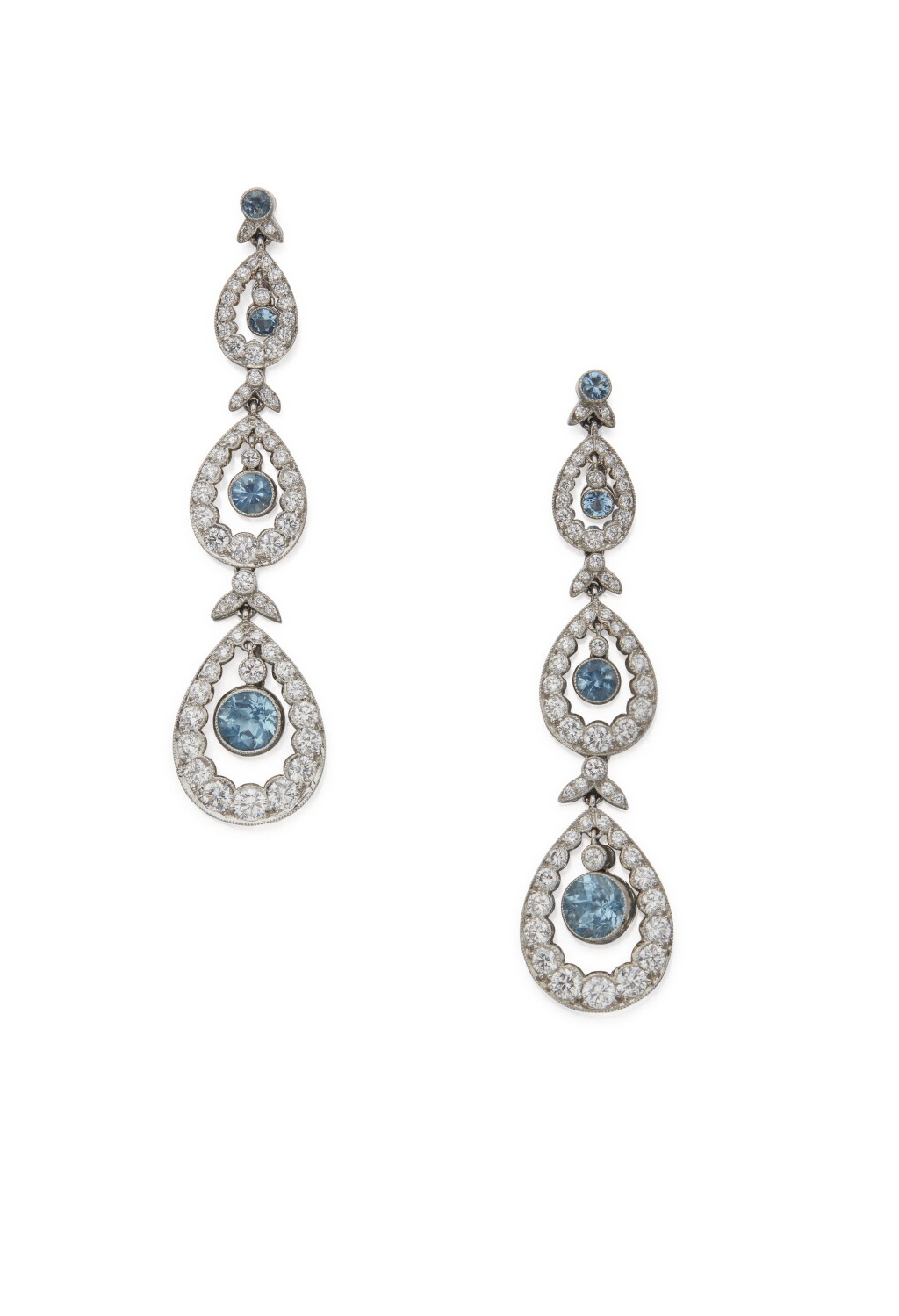 View full screen - View 1 of Lot 32. PAIR OF DIAMOND AND AQUAMARINE 'THREE TIER' EARRINGS, TIFFANY & CO..