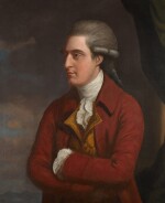 Portrait of a gentleman, half-length, wearing a red coat and white neck cloth, his arms folded