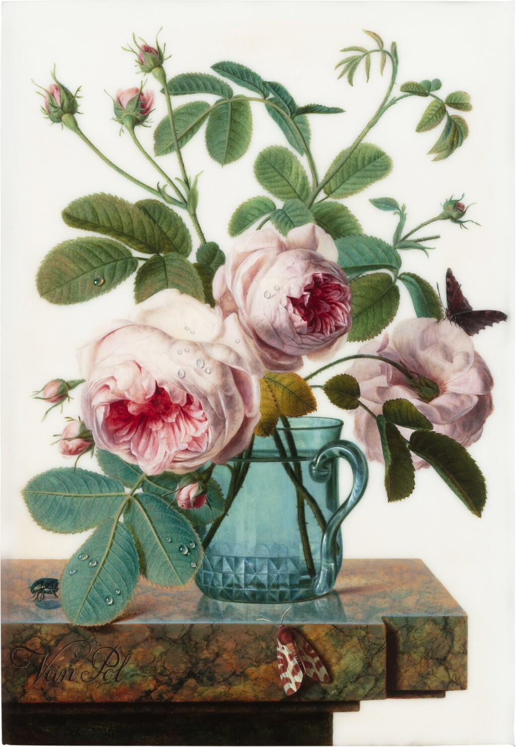 View full screen - View 1 of Lot 40. A bouquet of roses in a glass vase with a butterfly, moth and beetle, all upon a marble ledge.