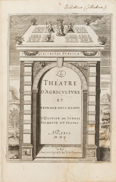 View full screen - View 1 of Lot 64. Le Théâtre d'agriculture... Paris, 1600. In-4. Reliure de l'époque. Edition originaLe. Exemplaire de Colbert..