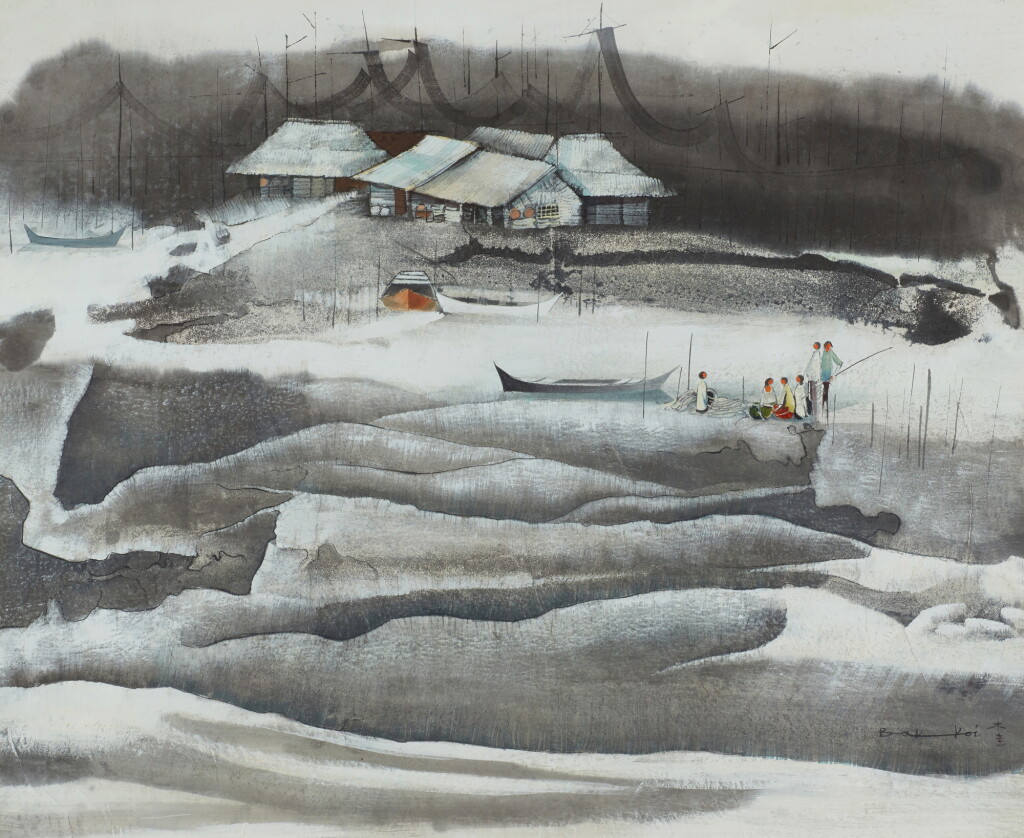 View full screen - View 1 of Lot 1077. Tay Bak Koi 鄭木奎 | Sampans against a village 村落船隻.
