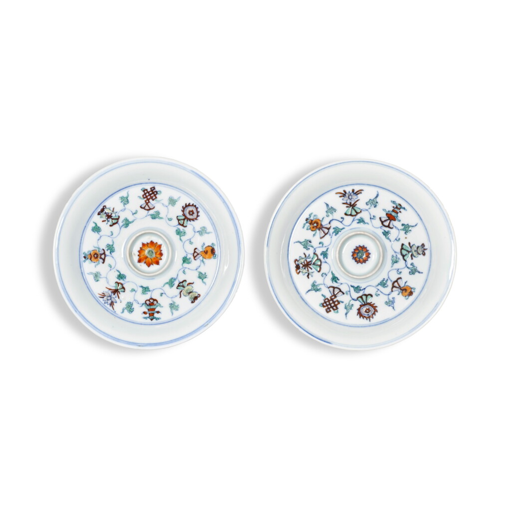 View full screen - View 1 of Lot 50. A pair of doucai ‘bajixiang’ cupstands, Qing dynasty, Kangxi / Yongzheng period.