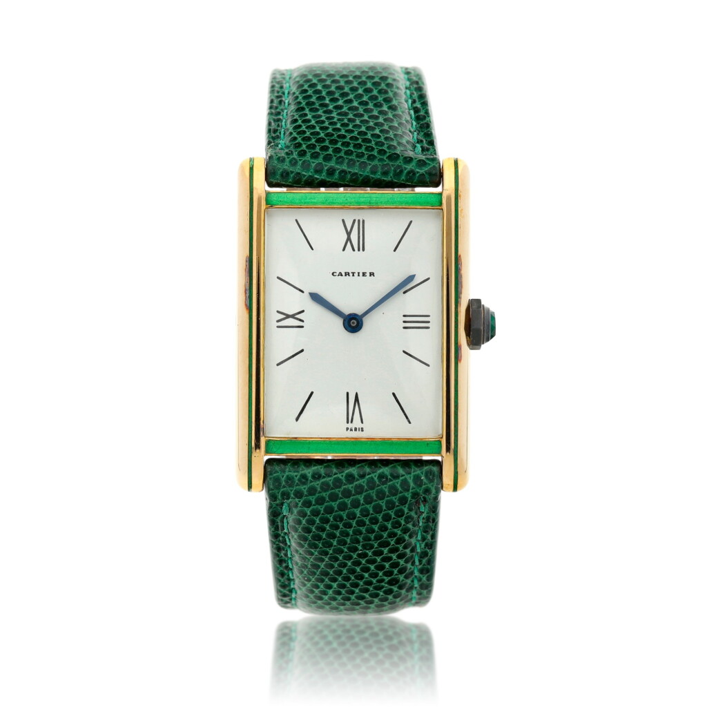 View full screen - View 1 of Lot 142. Tank Louis, A yellow gold and enamel rectangular wristwatch, Circa 1970.