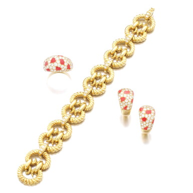 View full screen - View 1 of Lot 509. ENAMEL AND DIAMOND DEMI-PARURE AND A GOLD AND DIAMOND BRACELET.