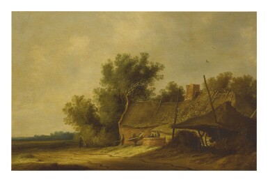 View full screen - View 1 of Lot 55. ATTRIBUTED TO PIETER DE NEYN | A WOODED LANDSCAPE WITH A COTTAGE AND FIGURES IN THE FOREGROUND, A PATH THAT EXTENDS BEYOND.