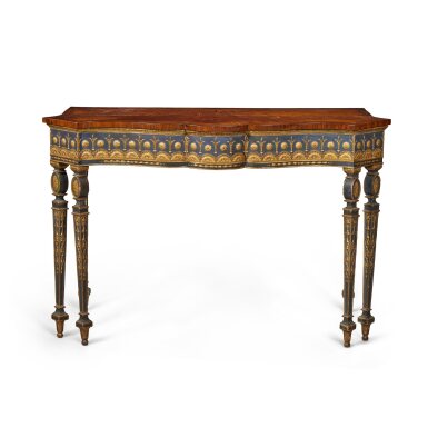 View full screen - View 1 of Lot 124. A George III Satinwood Marquetry and Painted and Parcel-Gilt Console Table, the Inlaid Top Possibly 18th Century, on an Adam-Style Painted and Parcel Gilt Base.