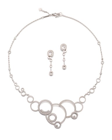 View full screen - View 1 of Lot 1044. CHOPARD | 'HAPPY DIAMONDS' DIAMOND DEMI-PARURE | 蕭邦 'Happy Diamonds' 鑽石項鏈及吊耳環套裝.